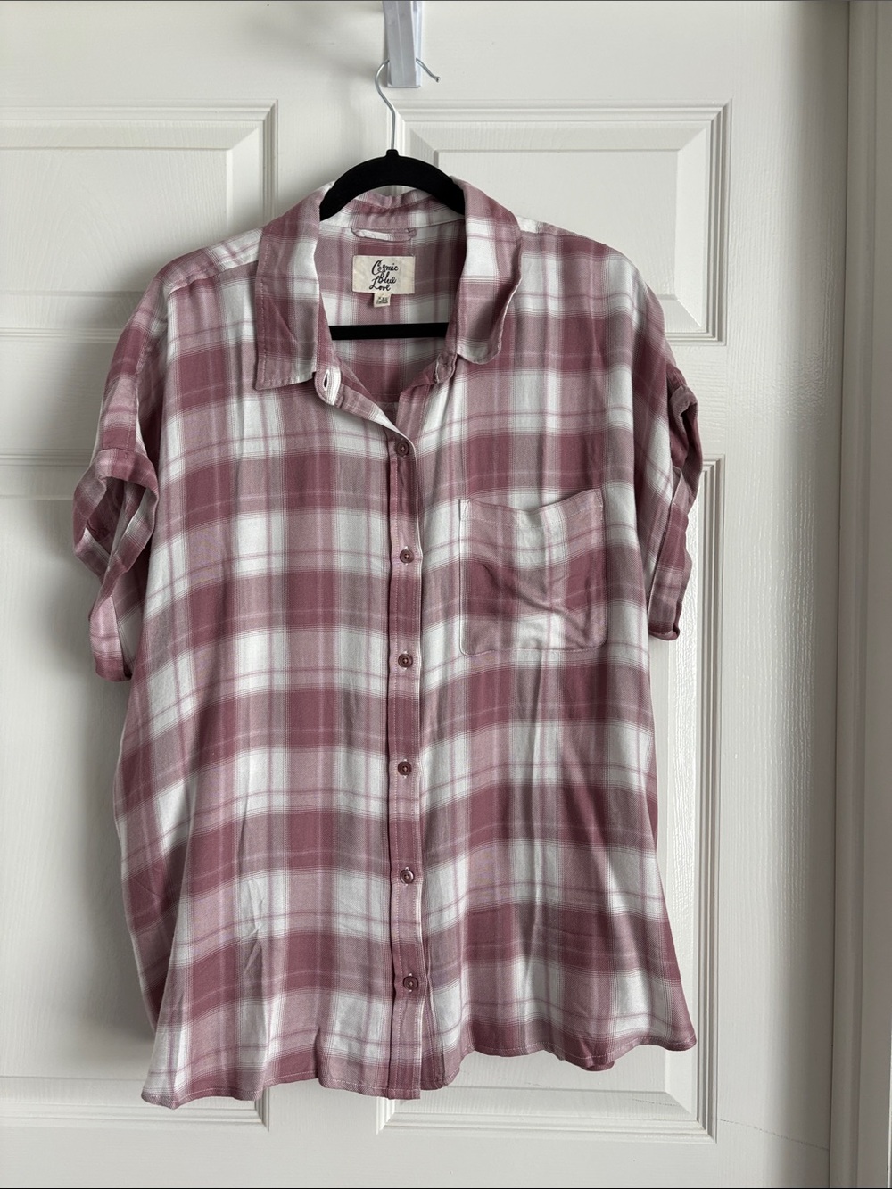 Cosmic Blue Love Plaid Button-Up Shirt in Dusty Rose & White